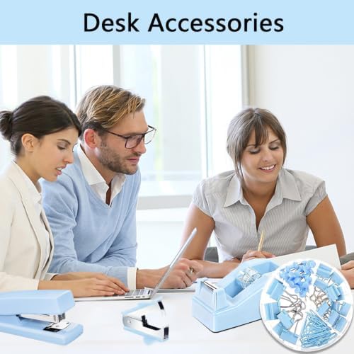 Office Supplies,Blue Desk Accessories,Office Supplies Set,Stapler and Tape Dispenser Set,Scissors,Staple Remover,Binder Clips,Staples,Ballpoint Pen,Index Tabs with Ruler,Clear Tape.9pcs for Office