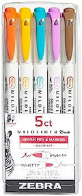 Zebra Pen MILDLINER No Bleed Brush Pen, Assorted Warm, Dual Tip, 5-Pack