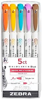 Zebra Pen MILDLINER No Bleed Brush Pen, Assorted Warm, Dual Tip, 5-Pack