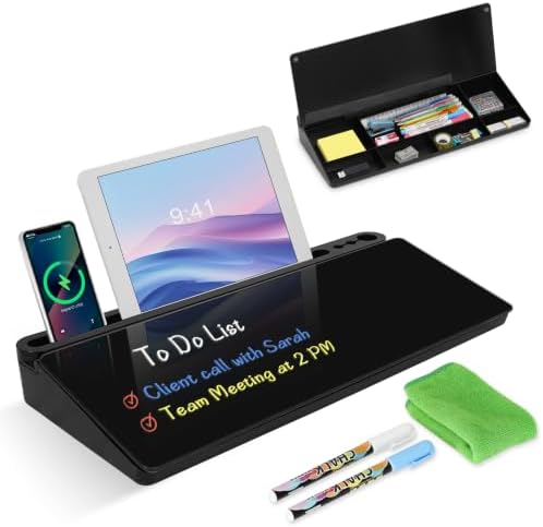 Desktop Glass Whiteboard with Storage, Desk Dry Erase White Board Black | Computer Keyboard Stand, Office Desk Organizers and Accessories with Drawer, to Do Memo Notepad, Home School Supplies