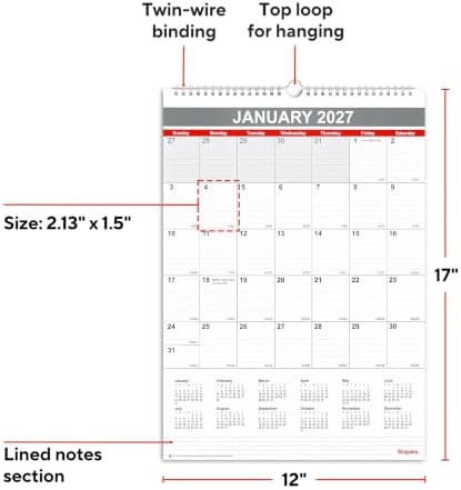 2027 Staples 12" x 17" Monthly Wall Calendar, White/Red/Gray