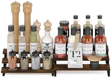 Furinno RAVEL Kitchen Countertop Organizer Set of 2, 3-Tier Counter Shelves, Kitchen Storage, Expandable, Spice Rack, for Pantry, Coffee Bar, Amber Pine
