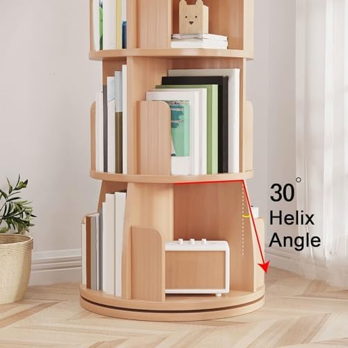 GAMAK Rotating Bookshelf Tower for Kids 360 Display 2-4 Tier Floor Standing Bookcase Revolving Bookcase Tower Small Corner Bookshelf for Small Space (Color : Wood, Size : Round_Four)