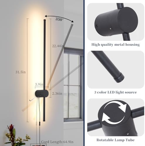KELUOLY Dimmable Plug in Wall Sconce Set of 2,Black 31.5" LED Wall Light with Remote,Adjustable Color Temperature Brightness,Wall lamp with Timer for Living Room,Bedroom and Accent Lighting