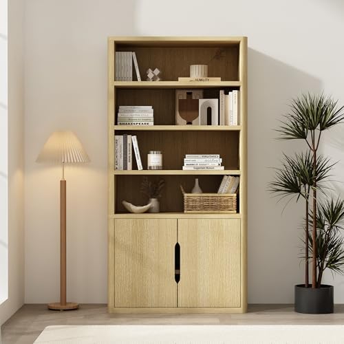 Manhattan Comfort Rivington 79" Inch Tall Modern Bookshelf with Soft Close Doors, Four Open Shelves,Two Adjustable Shelves, Bookcase Display Storage Cabinet for Living Room or Office in Natural Oak