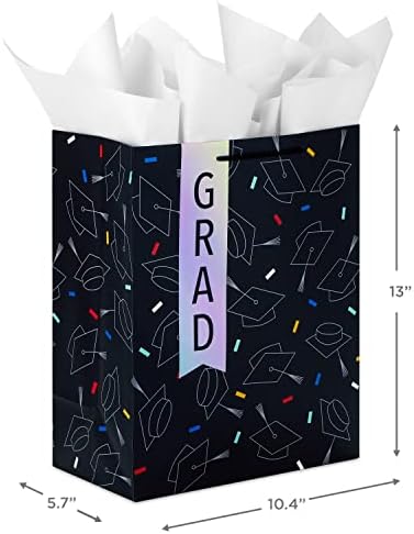 Hallmark 13" Large Graduation Gift Bag with Greeting Card and Tissue Paper (Black, Red, Blue, Holographic) for High School, College, Law School, Nursing, Kindergarten (Pack of 3)