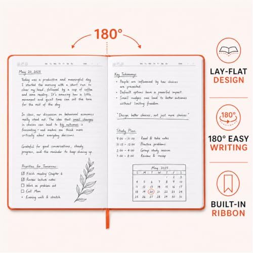 SUIN A5 Hardcover Lined Journal Notebook, 200 Pages, Orange, 1 Pack
