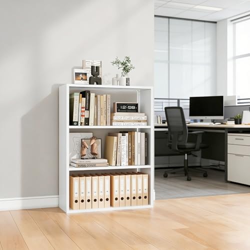 3-Tier Metal Bookshelf, Open Shelf Storage, Includes 4 Corner Bumpers, Space-Saving Vertical Storage for Living Room, Home Office, 35.43" Hx27.56 Wx11.81 D, White