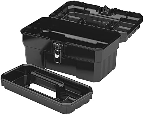 Akro-Mils 14" Plastic Toolbox with Removable Tray,Steel Latch & Padlock Eye,Industrial-Grade Tool Box for Tools,Crafts,First Aid & Hobby Supplies, 14"x8"x8",Made in USA, Black (09514) (Pack of 6)