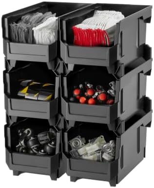 VEVOR Plastic Stackable Storage Bins, 14.8 x 8.5 x 7.1 inch (6 Pack), Plastic Containers for Organizing and Storage Bins for Closet, Garage, Small Parts, Office Supplies and Other Accessories, Black