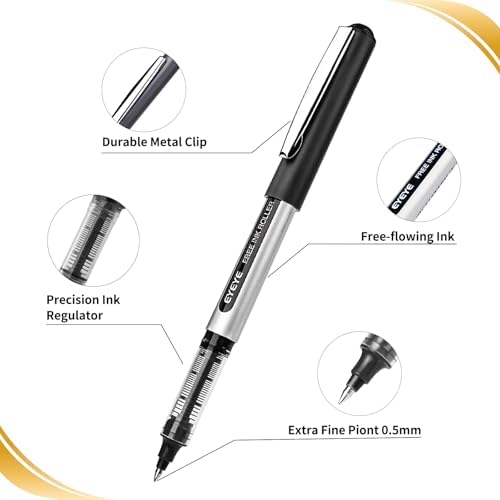 EYEYE Black Rollerball Pens 0.5mm, 8 Pack Extra Fine Point Roller Ball Pen | Back to School Essential, Quick Drying, Liquid Ink Pens Fine Point Smooth Writing Pen for Journaling, Office Supplies