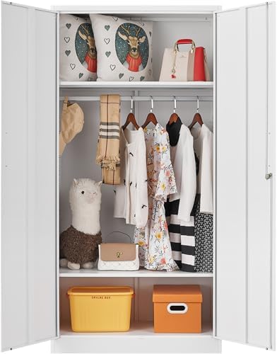 Metal Wardrobe Cabinet with Hanging Rod & Lock,White Armoire Wardrobe Closet,Metal Clothing Storage Cabinet with Adjustable Shelves and Doors,72" Armoire Storage Cabinets for Home,Living/Laundry Room