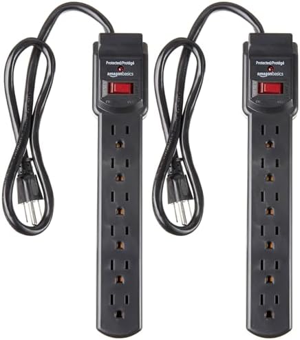Amazon Basics 6-Outlet Surge Protector Power Strip with 200J Protection, Circuit Breaker, 2ft Extension Cord, Black, 2-Pack