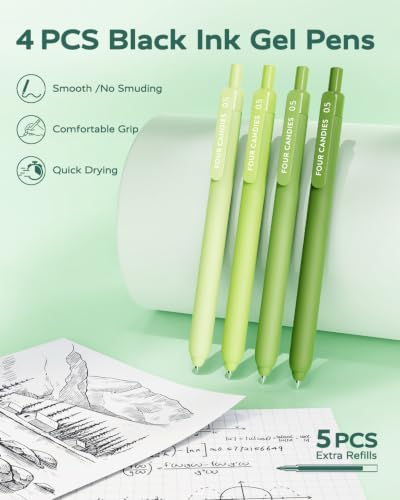Four Candies Green School Supplies with Case College Essentials | Pens with Black Ink, Correction Tapes, Pastel Highlighters, Mechanical Pencils, Sticky Notes, Index Post for Study Stationary