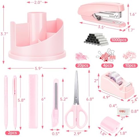 deli Office Supplies Set, Desk Accessory Organizer Kit, Pink