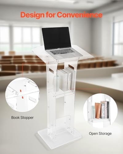 VEVOR Podium Stand, 43-Inch Acrylic Lectern, Portable Laptop Desk with Wide Reading Surface and Storage Shelf, Book Stopper, Floor-Standing, for Classroom, Wedding, Conference, Lecture and Concert