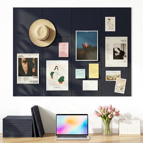 Aothia Felt Bulletin Board Tiles, 12-Pack 48"x36" Large Pin Board for Wall, Modern Cork Board Alternative for Notes, Photos, Memo & Office Organization, 70 Adhesive Tabs & 40 Push Pins - Carbon Blue