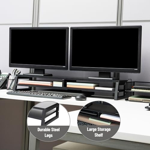 Mind Reader 2-Tier MDF Double Monitor Stand, Dual Screen Riser with Storage Shelf, 33.75 Inch Wide, 88 lb Capacity, Black