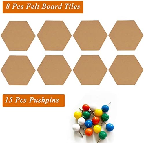 8Pcs Hexagon Felt Cork Board Tiles, Self Adhesive DIY Bulletin Board Pin Board for Office School Home Wall Decor Stickers Memos Photos Display (Deep Camel)