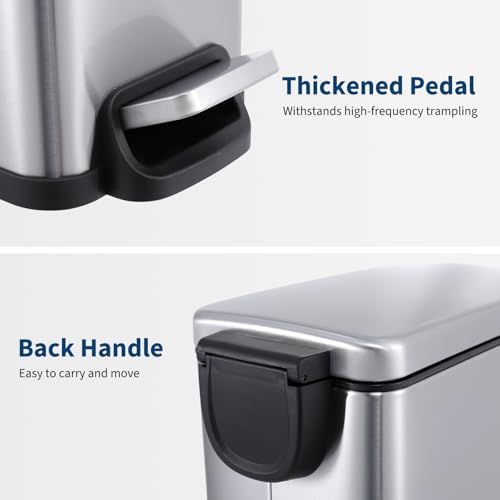 PrecisionAuto Slim Bathroom Trash Can with Soft Close Lid, 10 Liter / 2.6 Gallon Stainless Steel Step Garbage Can with Removable Inner Bucket, Narrow Trash Bin for Toilet Bedroom Kitchen, Silver