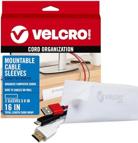 VELCRO Brand Mountable Cable Sleeve, White, 8 in, 2 Pack