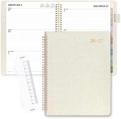 SUNEE 2026-2027 Weekly & Monthly Planner 9"x11.2" - 12 Month (July 2026 - June 2027), Vegan Leather Cover Planner Academic Year Calendar, Pocket, Notes, Monthly Tab, Beige