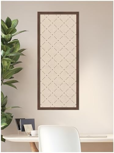 Kate and Laurel Framed Fabric Pinboard 18 x 42, Green Lattice Pattern Printed Linen Classic Bulletin Board for Use as a Vision Board or Wall Organization, Florence Medium Brown Frame