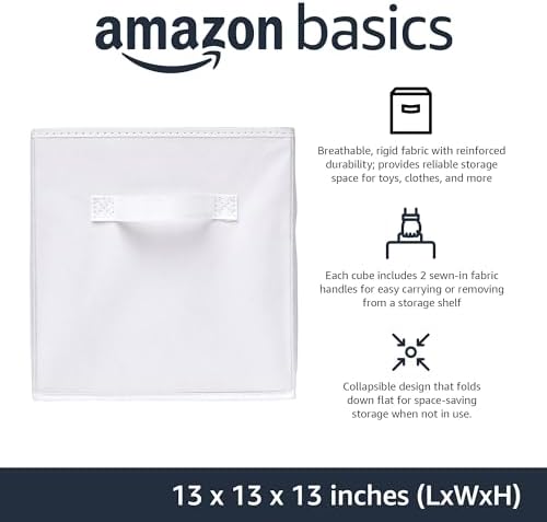 Amazon Basics Collapsible Fabric Storage Bins with Handles, Cube Organizer, 13"x13"x13", White, 6-Pack