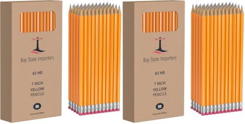 Bay State Importers #2 HB Pencils Bulk 100 Pack | Pre-Sharpened Yellow Wood Pencils with Erasers, Smooth Writing for School, Classroom, Teachers, Office, Exams & Drawing