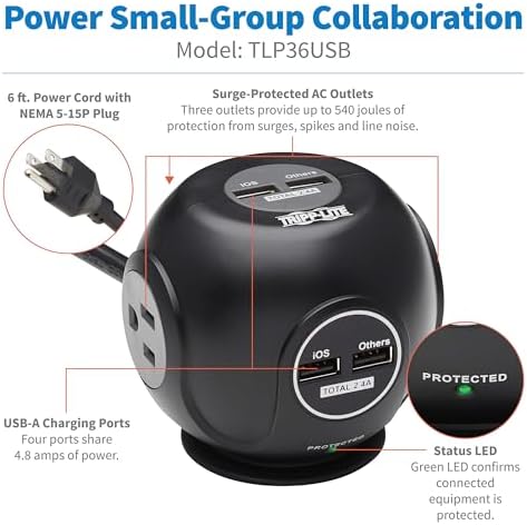 Tripp Lite Surge Protector 3-Outlet Spherical Surge Protector, 4 USB Ports (4.8A Shared) - 6-ft. (1.83 m) Cord, 5-15P Plug, 540 Joules, Black (TLP36USB)