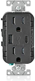 Leviton T5633-E Type A & Type-C USB in-Wall Charger with 15A Tamper-Resistant Outlet, USB Charger for Smartphones and Tablets. Not for Laptops, Black