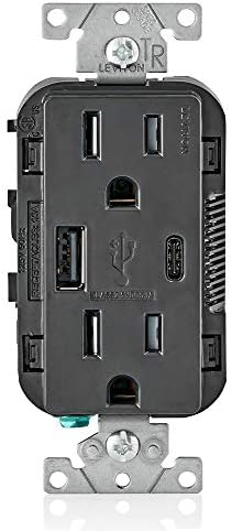 Leviton T5633-E Type A & Type-C USB in-Wall Charger with 15A Tamper-Resistant Outlet, USB Charger for Smartphones and Tablets. Not for Laptops, Black
