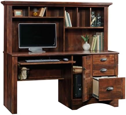 Sauder Harbor View Home Office Computer Desk with Hutch, Keyboard Tray, in Curado Cherry finish