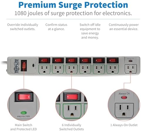 Tripp Lite 7-Outlet Surge Protector Power Strip with 6 Individually Controlled Switches, 6 Foot / 1.83M Cord, Lifetime Limited Warranty & $25,000 Insurance (TLP76MSG)