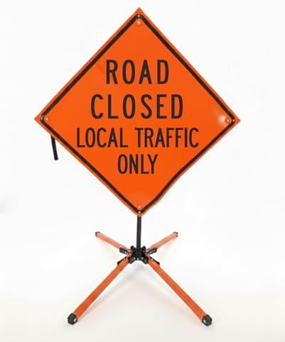 Traffic Roll-Up Sign Kit with Stand – Collapsible Safety Sign & Heavy-Duty Portable Stand, High Visibility, Easy Setup (Road Closed Local Traffic Only, Non-reflective)