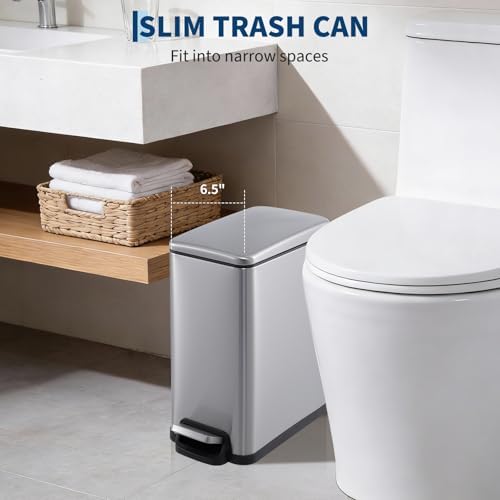 PrecisionAuto Slim Bathroom Trash Can with Soft Close Lid, 10 Liter / 2.6 Gallon Stainless Steel Step Garbage Can with Removable Inner Bucket, Narrow Trash Bin for Toilet Bedroom Kitchen, Silver