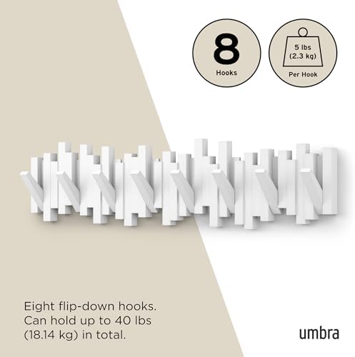 Umbra Sticks Wall Coat Rack, Wall Mount 8 Retractable Hooks, White