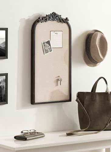 Kate and Laurel Arendahl Arch Pinboard; 13 x 25; Black; Framed Arched Ornate Vintage Cork Board for Use as Motivational Vision Board or Wall Organizer