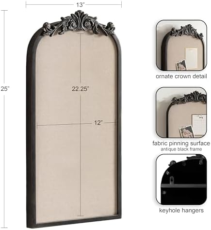 Kate and Laurel Arendahl Arch Pinboard; 13 x 25; Black; Framed Arched Ornate Vintage Cork Board for Use as Motivational Vision Board or Wall Organizer