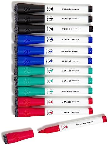 U Brands Dry Erase Markers with Eraser, Whiteboard Markers, Low Odor, Set of 12 (Assorted, Medium Point)