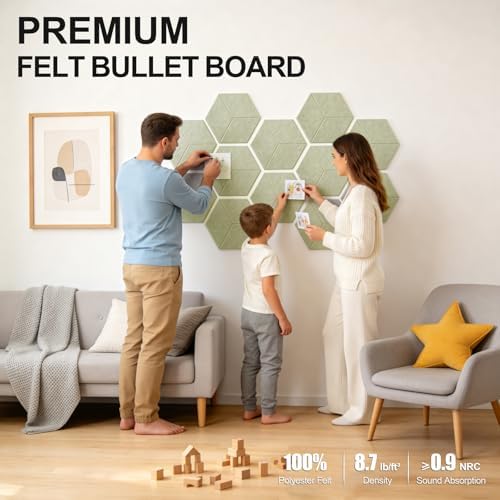 12-Pack Hexagon Cork Board Alternative for Walls Decor, 38.2" x 38.2" Large Felt Bulletin Board, with Pushpins, Damage-Free Adhesives, Thick Pin Board for Office, Home (Sage Green)