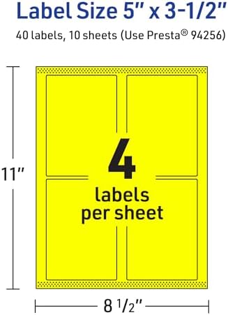Avery® Printable Rectangle Labels, Sure Feed® Technology, 5" x 3-1/2", Neon Yellow Labels, Laser/Inkjet Printable, 40 Total, Great for Shipping and Packaging
