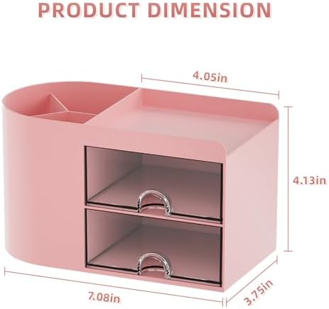 Marbrasse Small Desk Organizer with Drawer, Multi-Functional Pen Pencil Holder Storage Box, Desk Organizers and Accessories with 4 Compartments + 2 Drawer for Office Art Supplies(Pink)