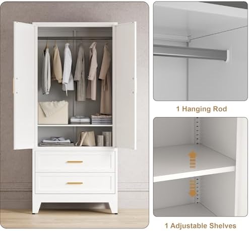 Washsemba 71'' Farmhouse Metal Wardrobe Cabinet with Hanging Rod, 2 Barn Door Wardrobe Closet with Adjustable Shelves,2 Drawer,for Dining Room,Bedroom,Living Room, Cloak Room,Office (White)