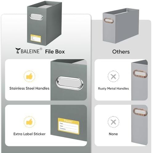 BALEINE 4PK File Organizer Box, Cardboard File Folder Organizer with Handle | Strong Corrugated Paper Core, Label Stickers for Identification, Hanging File Folder Organizer, Home Office Document Storage