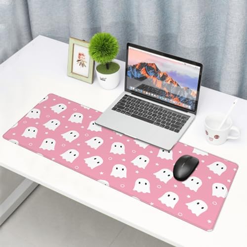 Pink Cute Ghost Mouse Pad XL 31.5 X 11.8 Inch Halloween Kawaii Spooky Funny Design Gaming Mousepad Extended Large Laptop Keyboard Desk Mat Non-Slip Rubber Base Stitched Edges for Home Office
