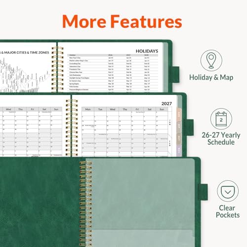 SUNEE 2026-2027 Weekly & Monthly Planner 9"x11.2" - 12 Month (July 2026 - June 2027), Vegan Leather Cover Planner Academic Year Calendar, Pocket, Notes, Monthly Tab, Deep Green