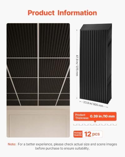 VEVOR 24 x 48 in PVC Ceiling Tiles 12-Pack 3D Black Linear Slat Panels, Smooth PVC Sheet for Drop Grid only, Impact-Resistant, Paintable Surface, Easy Cut, Modern Decorative Style for Home, Office