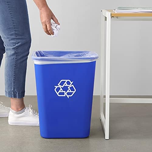 Amazon Basics Rectangular Commercial Office Wastebasket, Easy to Clean, Lightweight, 10 Gallon, Blue, Recycle Logo