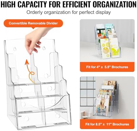VEVOR Acrylic Brochure Holder 8.5 x 11 inch, 4-Tier Clear Acrylic Literature Display Stand, Plastic Literature Organizer Flyer Stand & Removable Divider for Office Exhibition, Countertop or Wall Mount